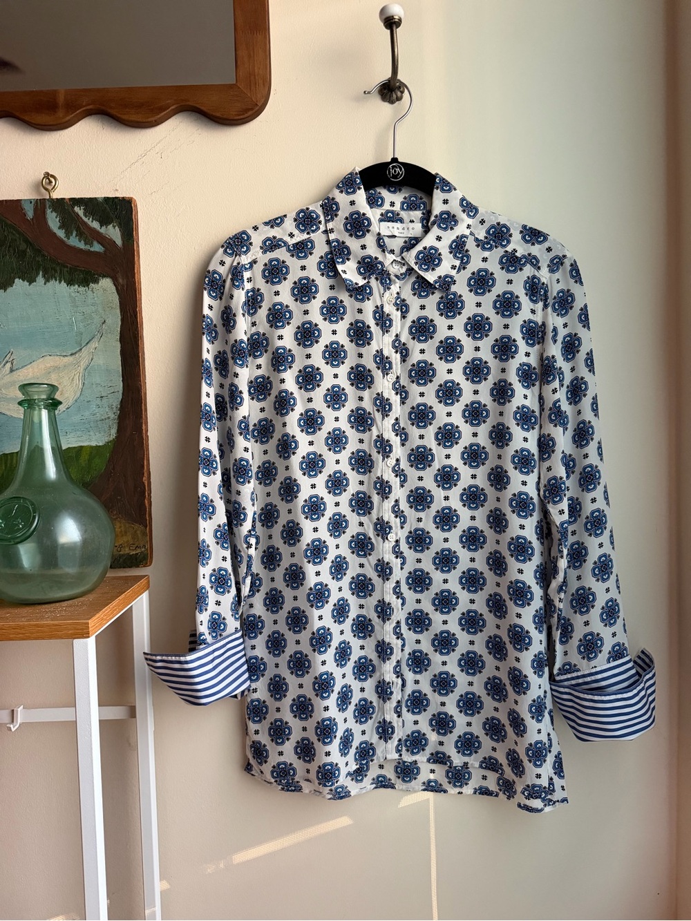 Sandro 100% Silk Geometric Print Shirt Blue White Contrast Cuffs Small
